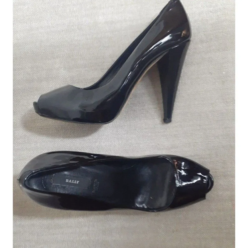 Bally Heels Patent Leather EDDI‎ Black Classic Peep Toe Platform  Italy Size 9.5